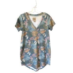 Chasor Floral Beach Terry Cloth V-Neck Mini Dress Blue Green Size Small